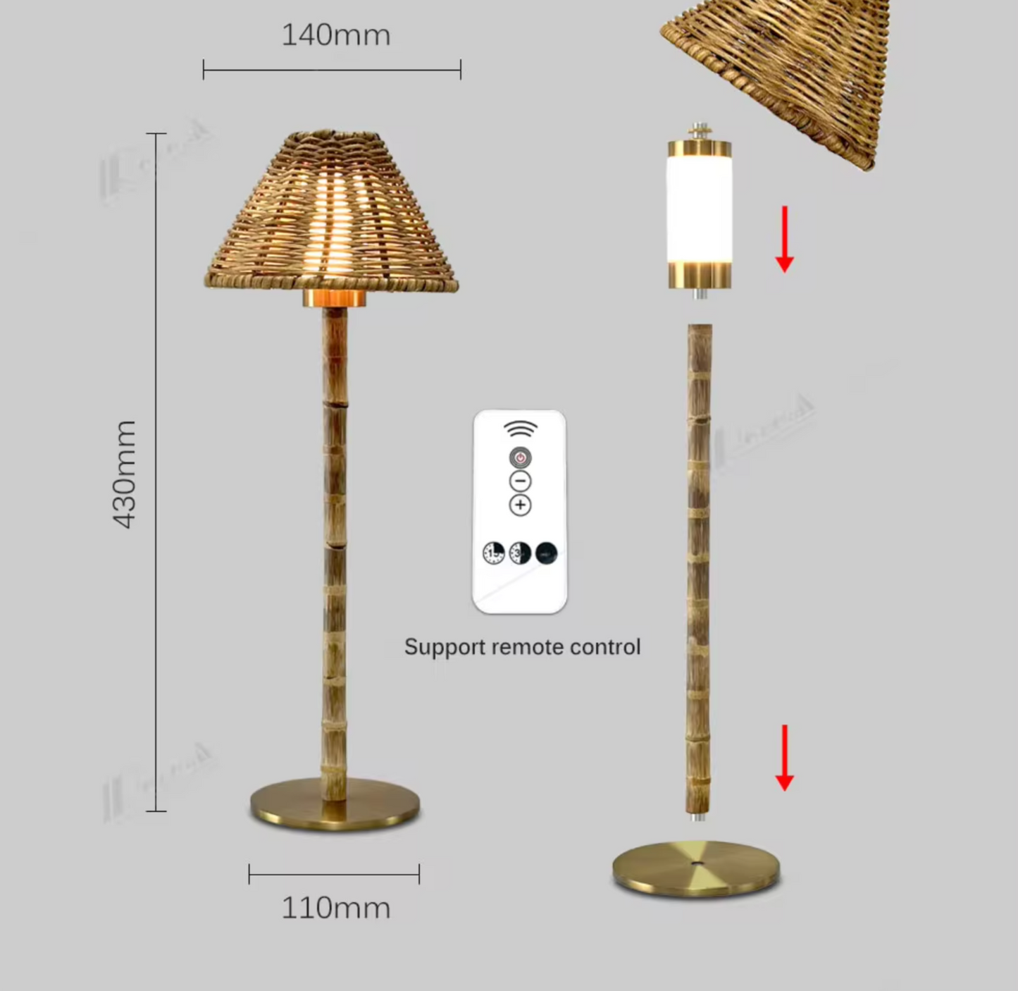 Athena R Organic Cordless Rechargeable Genuine Bamboo and Rattan Shade LED Table Lamp