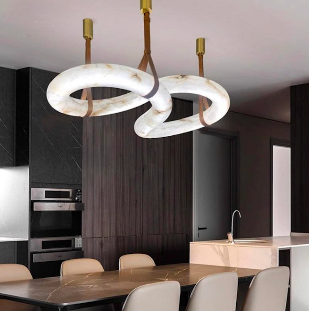 INFINITY TUBULAR ALABASTER LEATHER AND METAL LED CHANDELIER