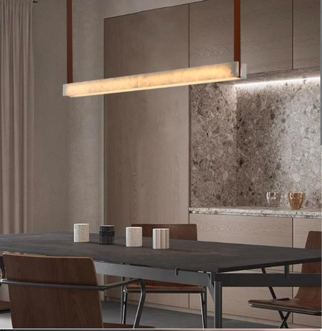 TERRA  Linear Alabaster Pendant with Leather Straps and Metal Canopy