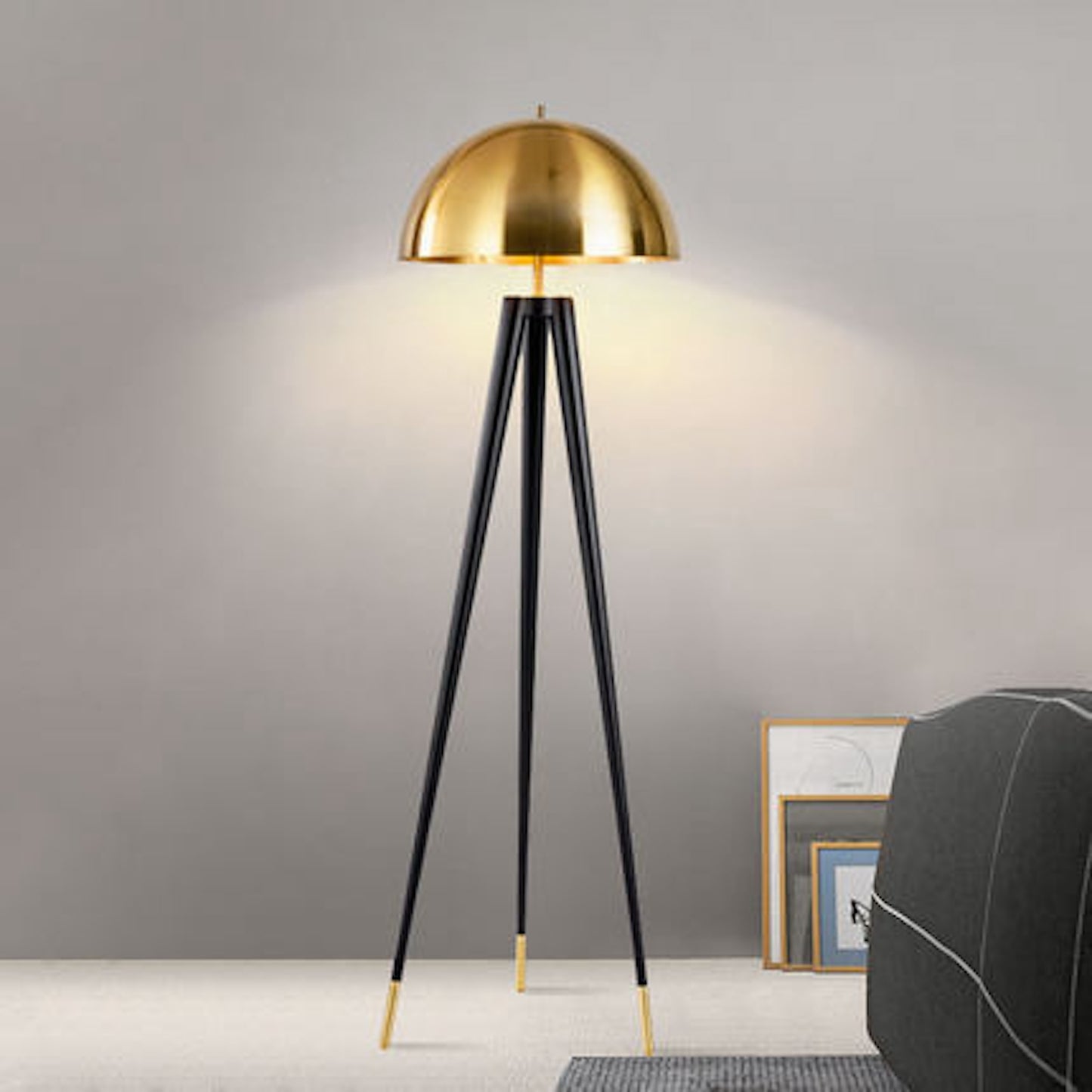 Zenith T Black Tripod With Gold Dome Shade Table  Lamp 65cm 25.60 Inch High