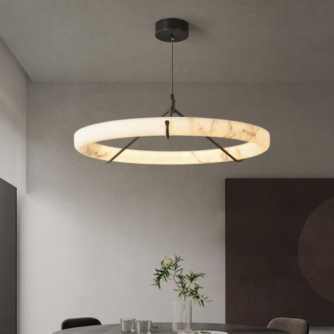 ORBITA  Alabaster Marble Circle LED Chandelier with Black Metal Hooks in 2 sizes